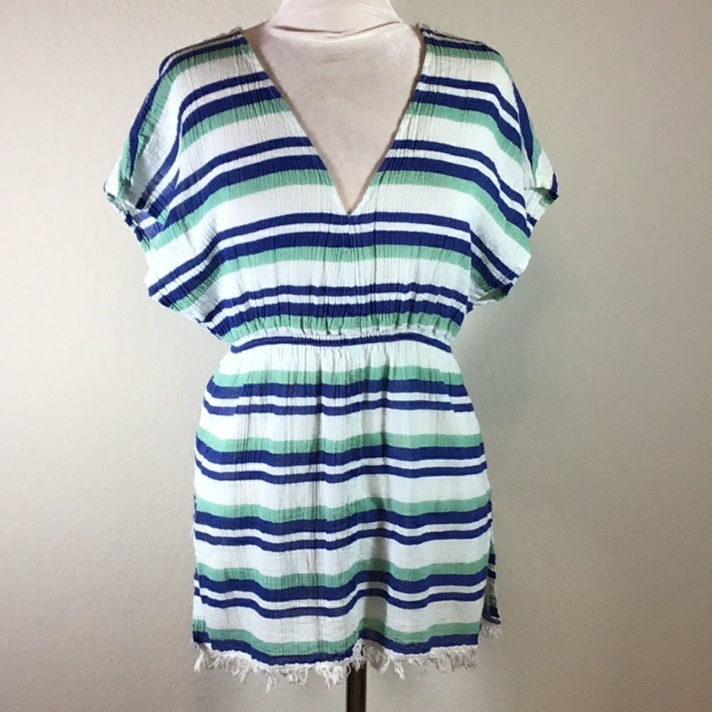 Saks Fifth Avenue Cover Up V Neck Top Striped Blue Green White Fringe Small